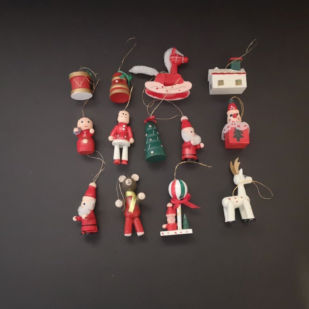 Vintage Lot of 13 Miniature Wooden Christmas Tree Hanging Ornaments (Lot #1)